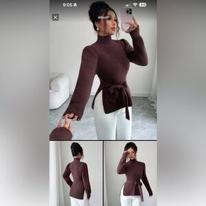 Elenzga Women's Turtleneck Waist Tie Solid Color Slim Fit Pullover Sweater,